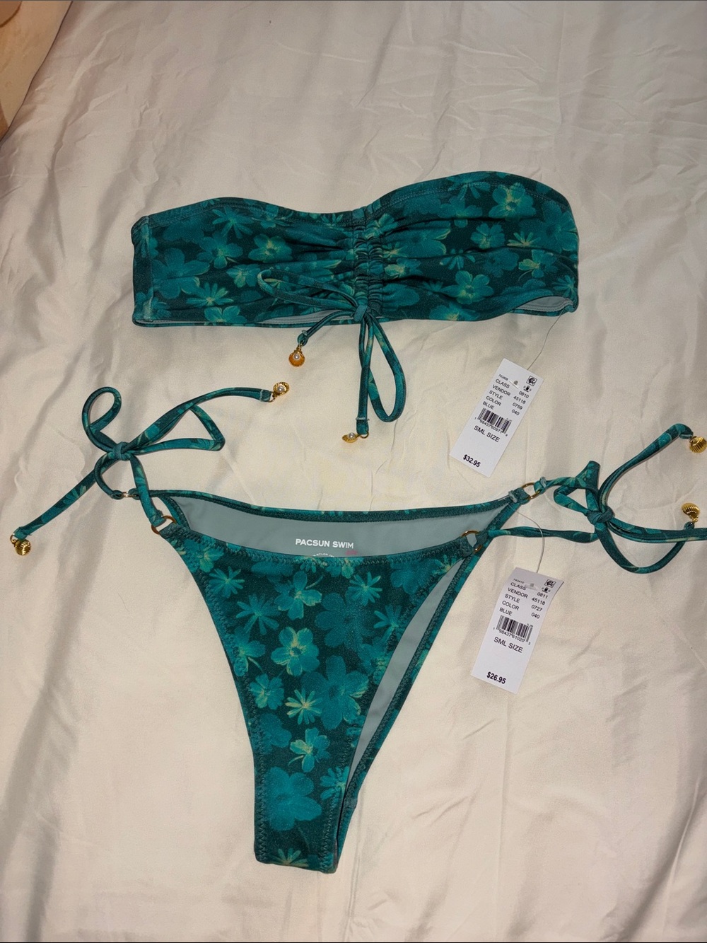 PacSun Teal Floral Bandeau Tie-Side Bikini